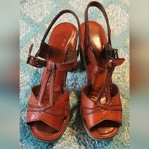 Bare Vintage 70s Women's Wood Platform Leather Slingback Sandals Measures Size 6